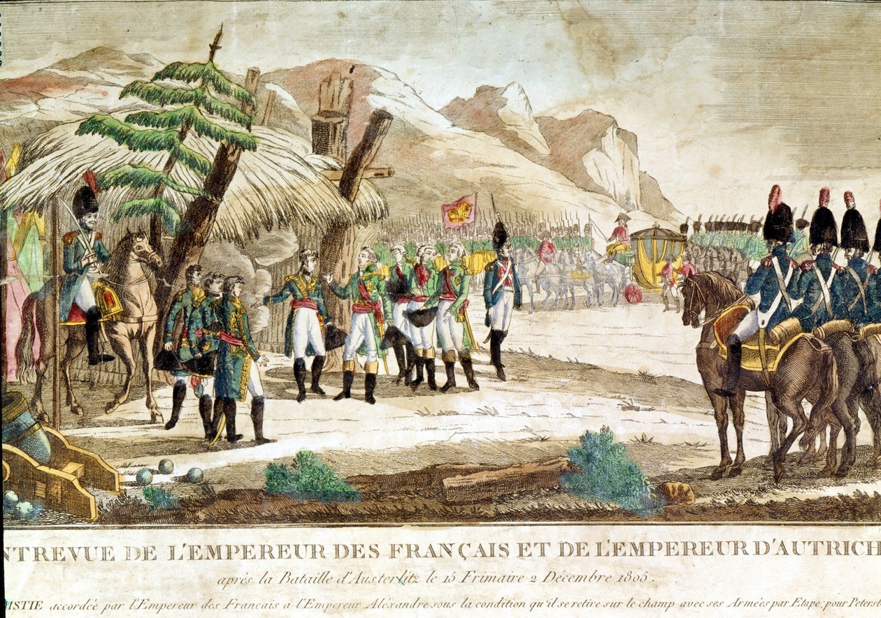 Møte mellom keiser Napoleon I og keiser av Østerrike, Francois II (1768 - 1835) etter slaget ved Austerlitz 2.12.1805. av French School