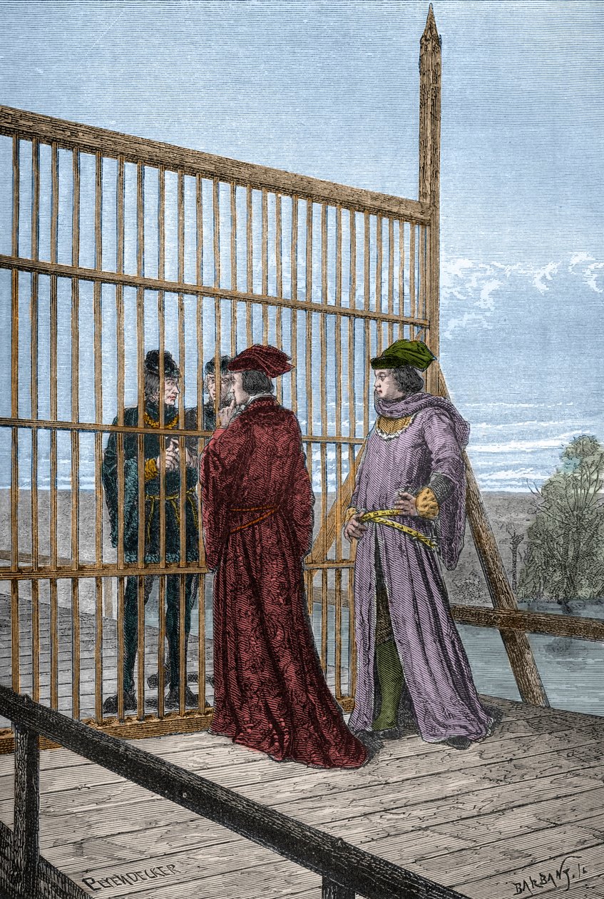 Møte mellom kong Edvard IV og Ludvig XI av Frankrike i Pecquigny - Treat de Picquigny (departementet Somme) 29. august 1475 mellom Ludvig XI og Edvard IV avslutter hundreårskrigen - gravering i «L