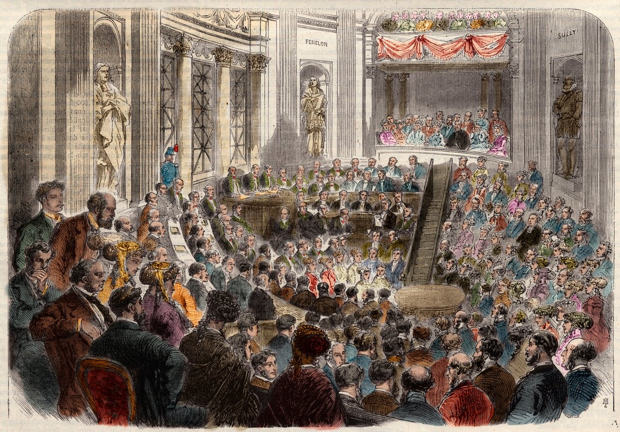 Møte i det franske akademiet 23. april 1868. Mottakelse av Monsieur Jules Favre (1809-1880), fransk politiker. Gravering i "" L'Univers illustrious"" av French School