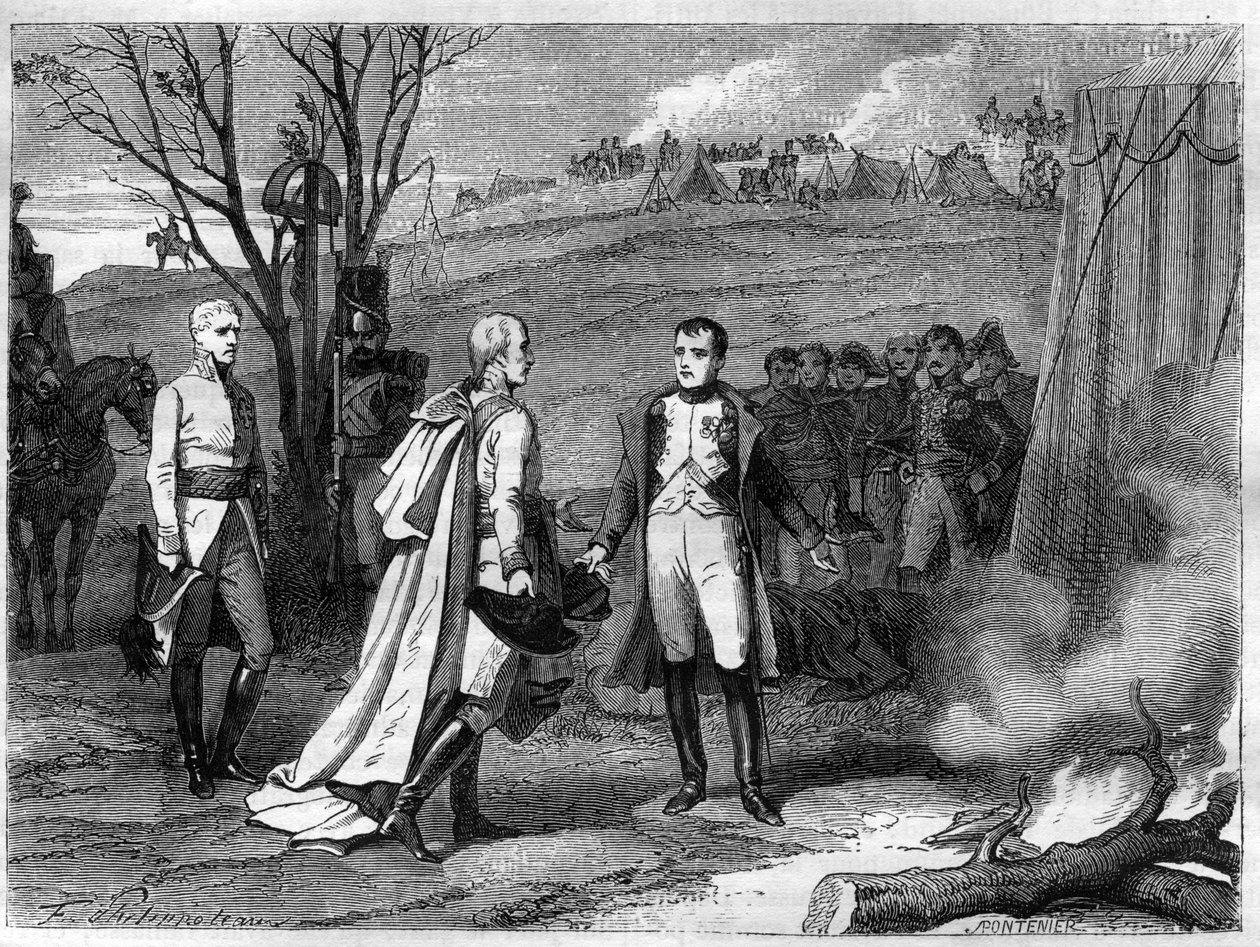 Møte mellom to keisere etter slaget ved Austerlitz, 4. desember 1805 (Napoleon Bonaparte av French School