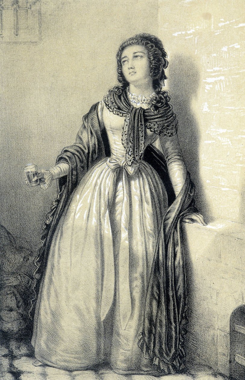 Melle (Mademoiselle) de Sombreuil fengslet i klosteret Saint Germain og drikker et glass med blod for å redde faren sin fra hendene på de revolusjonære - i "Galerie historique de la Revolution Française"" av Albert Maurin, red. Paris 1843 av French School