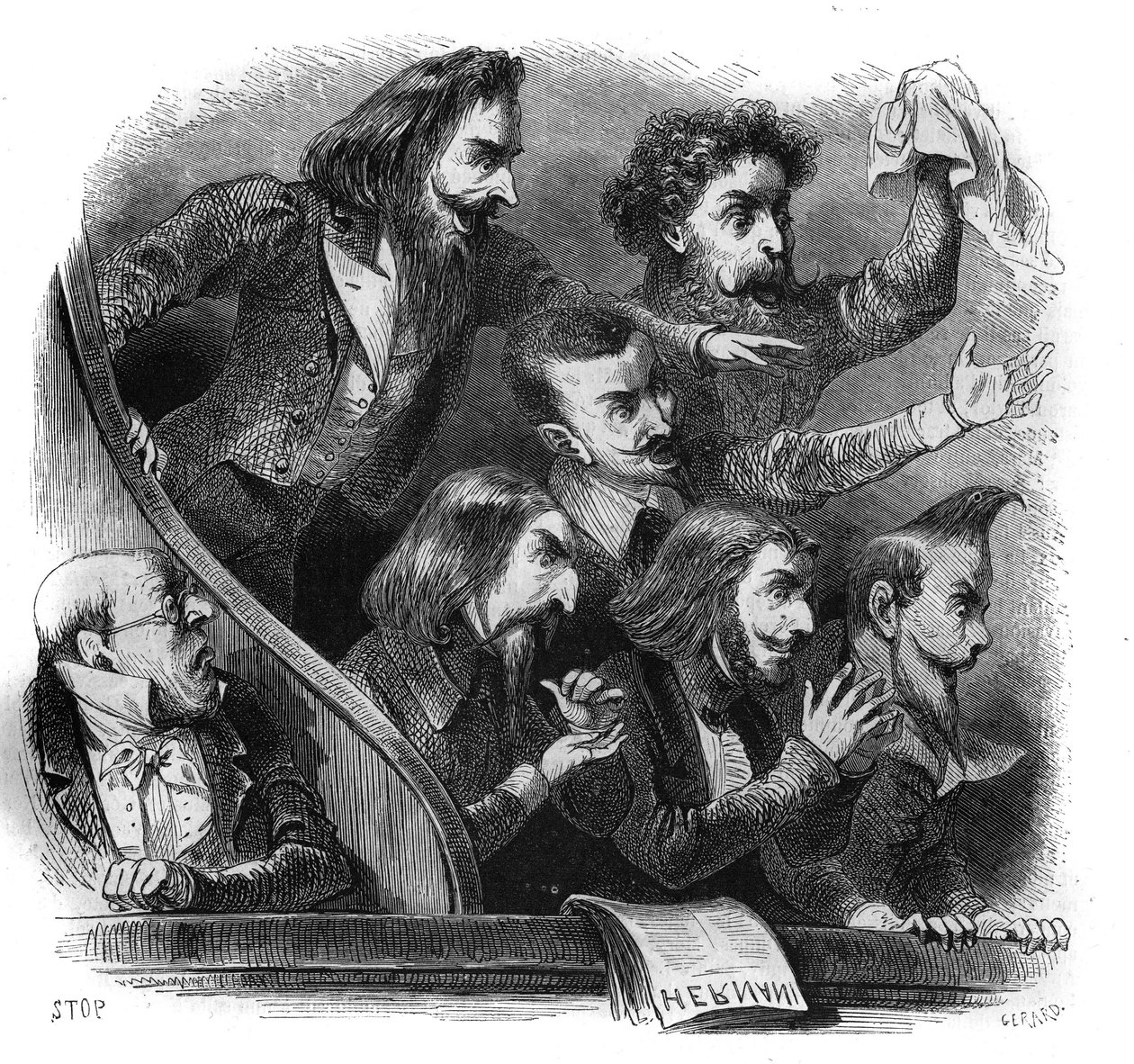 Medlemmer av den romantiske litterære bevegelsen som deltok på den første representasjonen av Victor Hugos stykke "Hernani" (1802-1885) på Comedie Francaise i Paris, 25. februar av French School