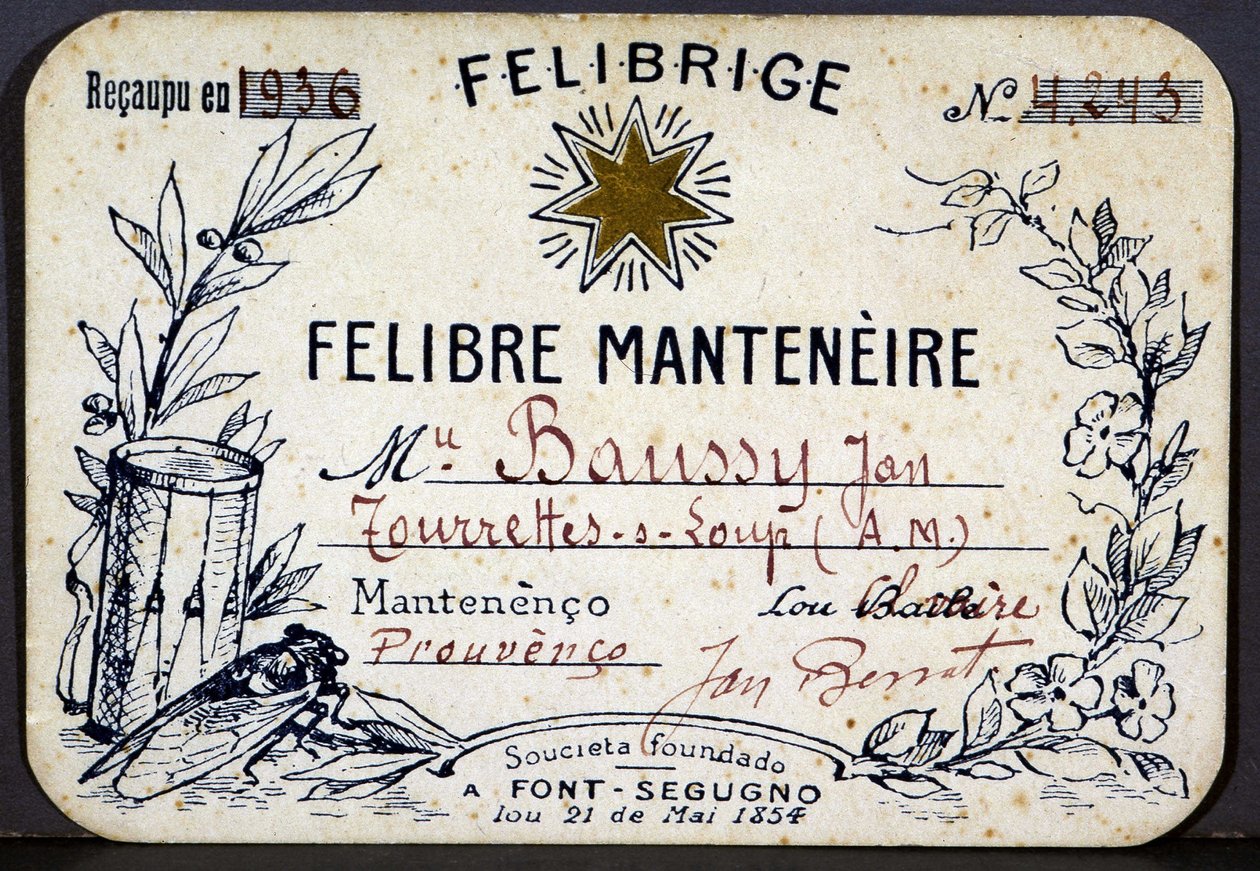 Medlemskort til Jan Baussy ved Felibrige, Felibre Association av French School