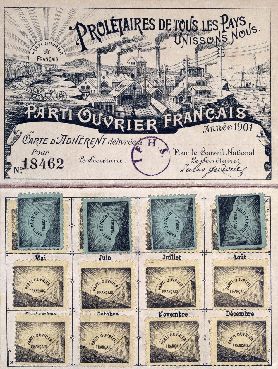 Medlemskort for det franske arbeiderpartiet under ledelse av Jules Guesde (1845-1922) 1901 av French School