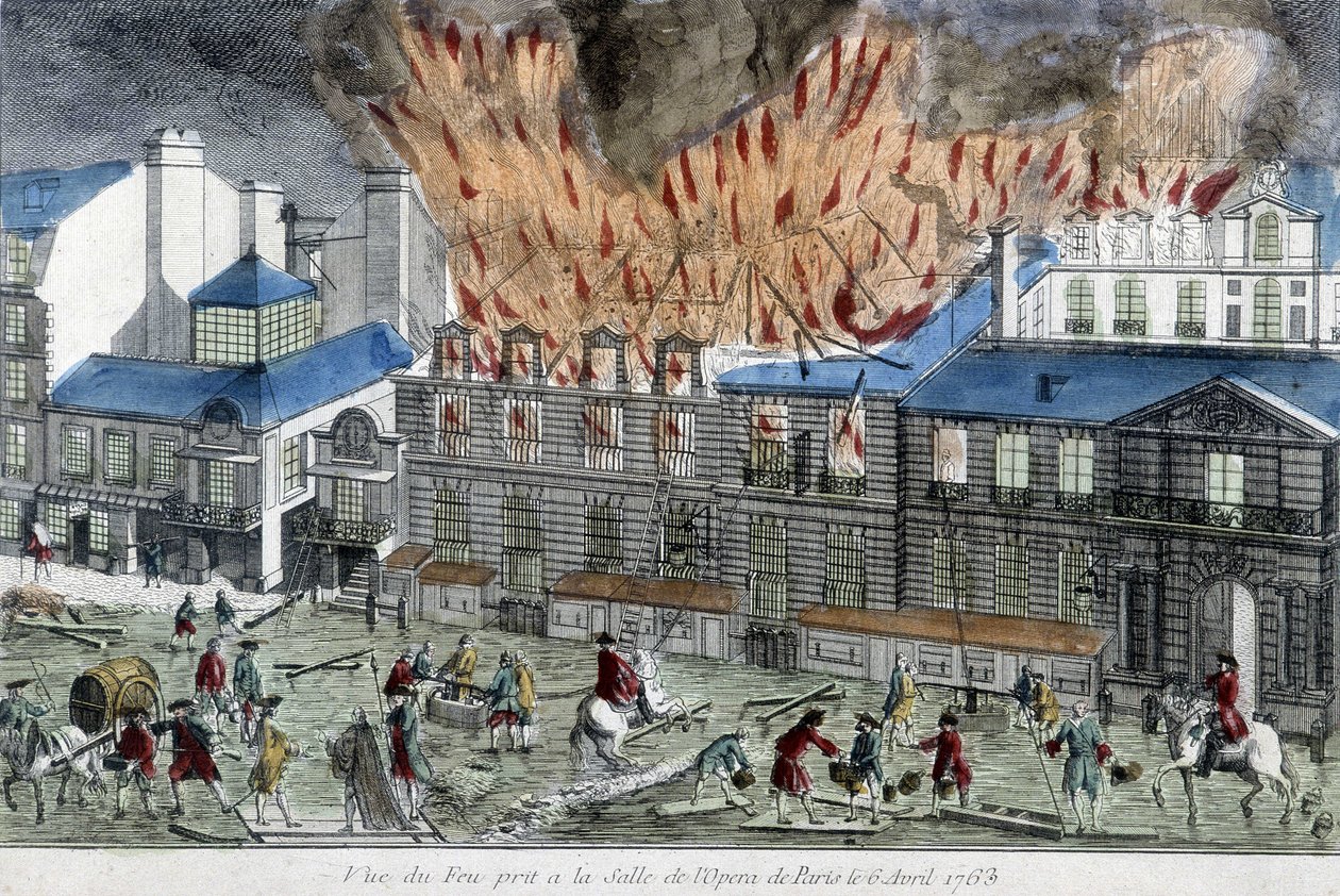 Menn som prøver å slukke brannen i Paris-operaen i 1763. av French School