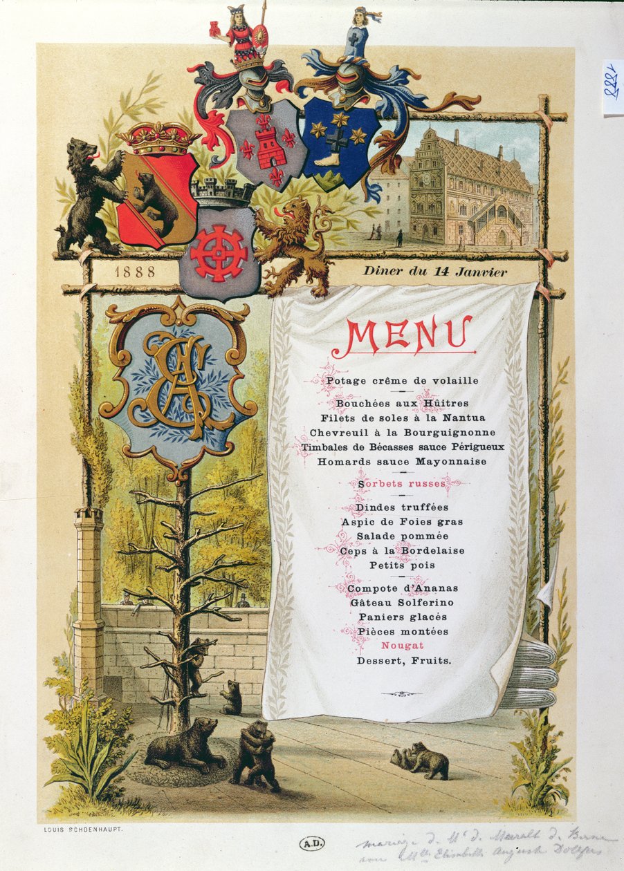 Meny, muligens fra Le Bernois, 14. januar 1888 av French School