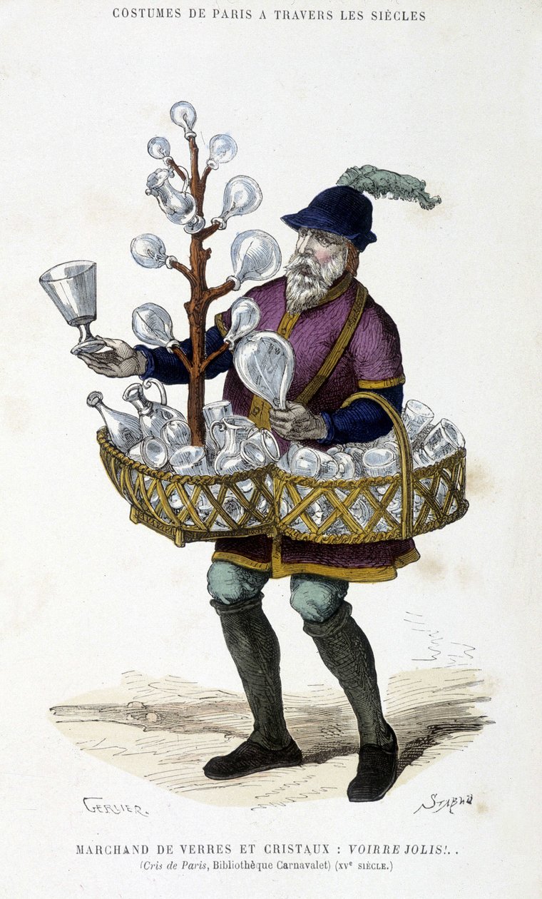 Forhandler av glass og krystaller på 1400-tallet - i «Paris a travers les siecles»» av H. Gourdon de Kenouillac, red. F. Roy, Paris av French School