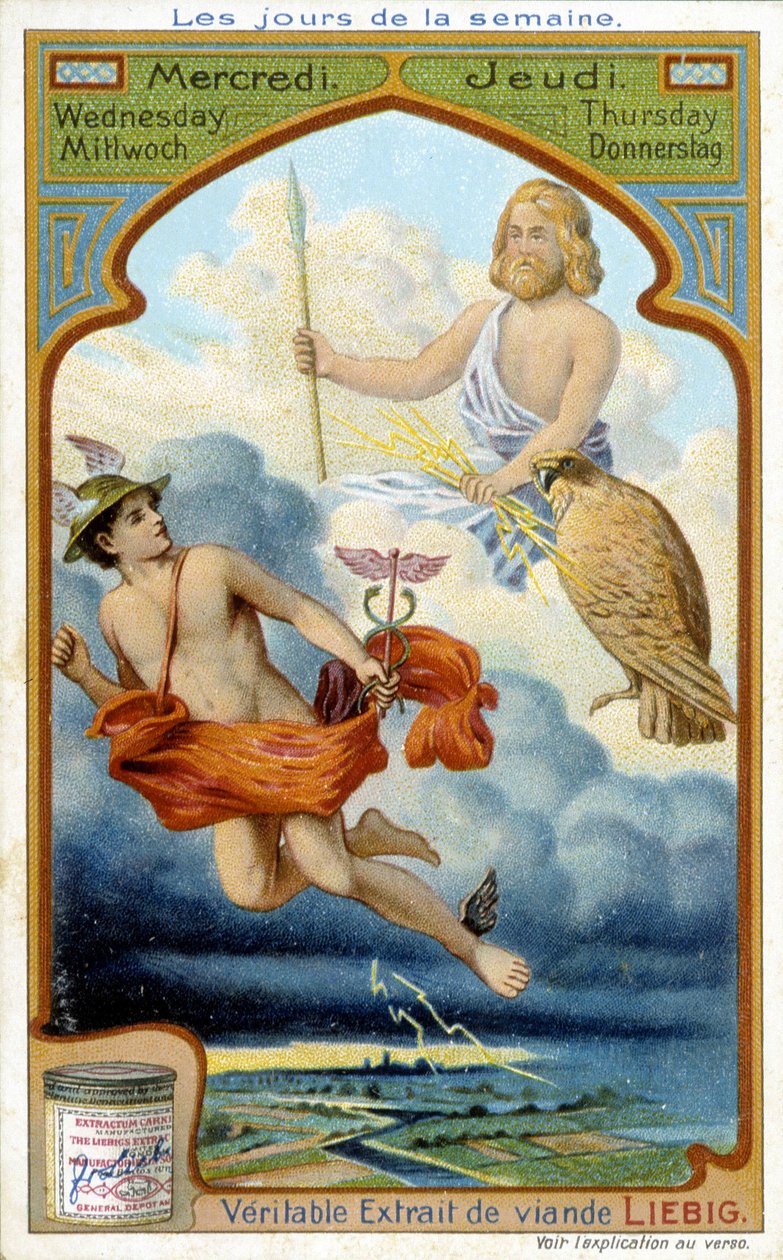 Merkur og Jupiter spiller onsdag og torsdag. 1800-tallsreklame for "Det sanne Liebig-kjøttekstraktet". av French School