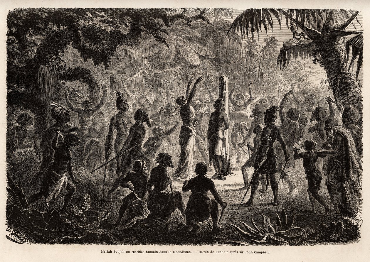 Meriah Pujah eller menneskeoffer, Khondistan (Engelsk-India). Tegning av Fuchs, for å illustrere major John Campbells studie av menneskeofringer i engelsk India av French School