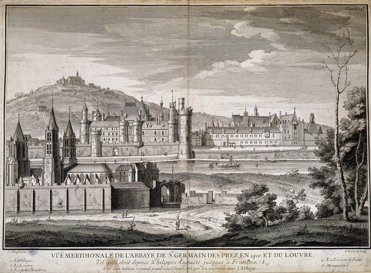 Meridional utsikt over klosteret Saint Germain des Pres og Louvre i 1410 - gravering av French School