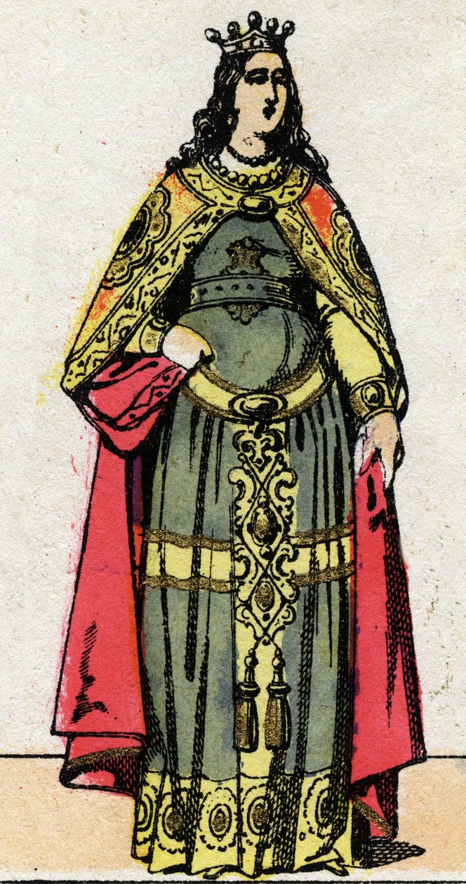 Merovingerdynastiet: Portrett av dronning Clothildes kone til Dagobert III (699-715). Epinal avbildning fra slutten av 1800-tallet. Privat samling. av French School
