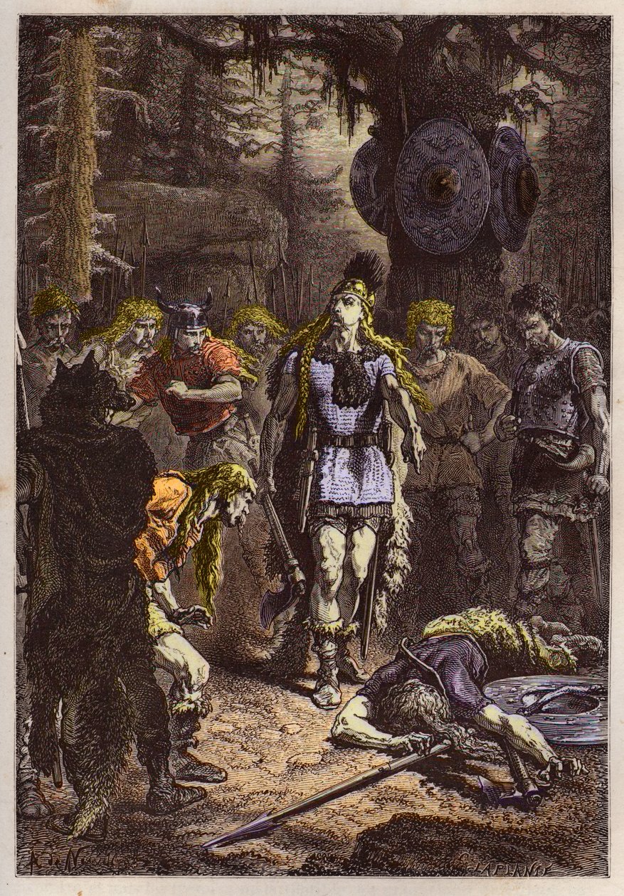 Merovingiens: Clovis 1er skjøt ned soldaten som hadde knust vasen til Soissons, en 486 - Clovis (465-511) og den frankiske krigeren som knuste vasen til Soissons i 486 - gravering fra "" L