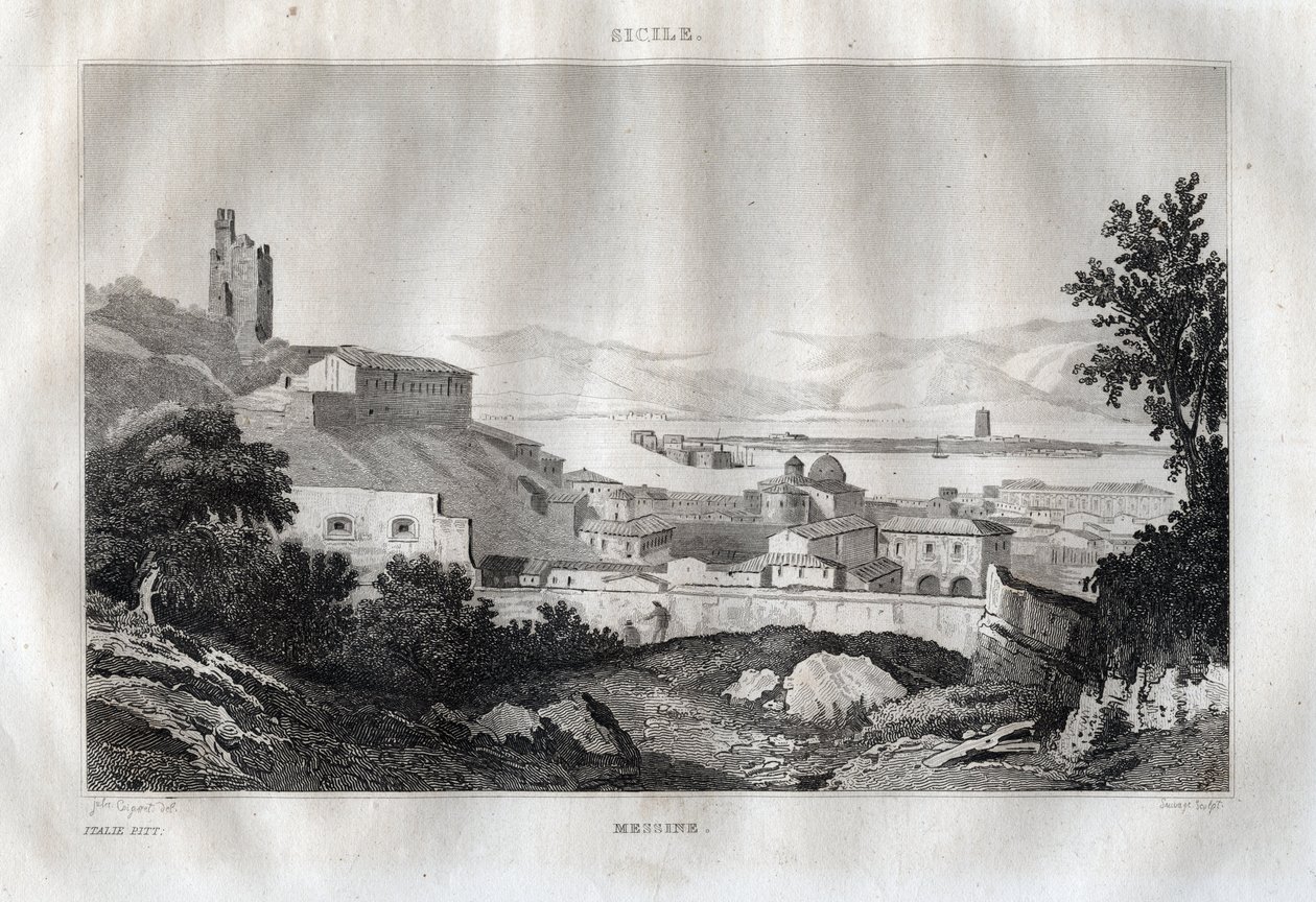 Messina - Messina - Sicilia - Sicilia - Sicilia - Gravering fra "" Italy Picturesque" - Historisk og beskrivende maleri av Italia" av M. de Norvins, Ch. Nodier 1834-1836. av French School