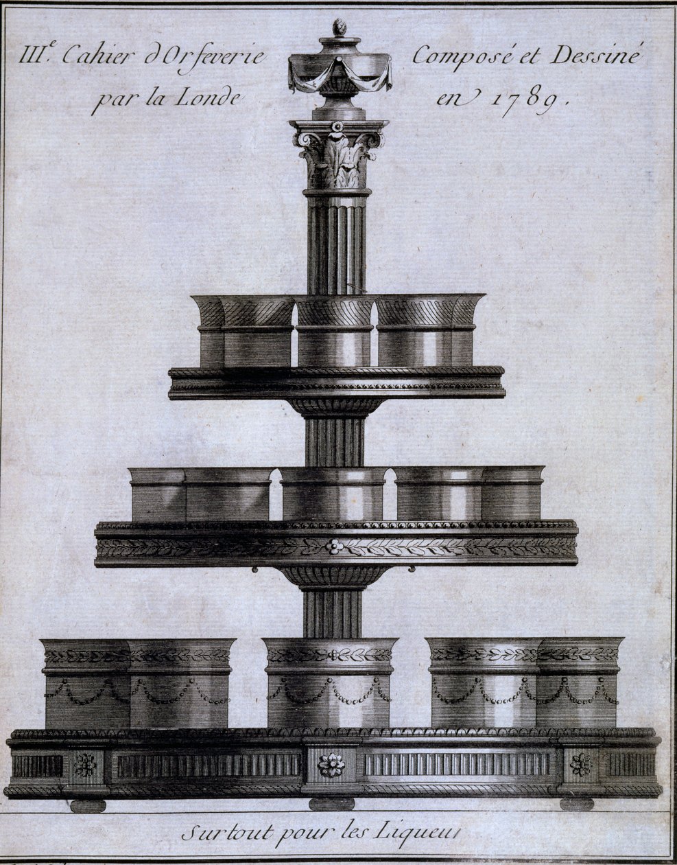 Metallarbeid: et sett med likørkopper på stativ, 1780-96 av French School