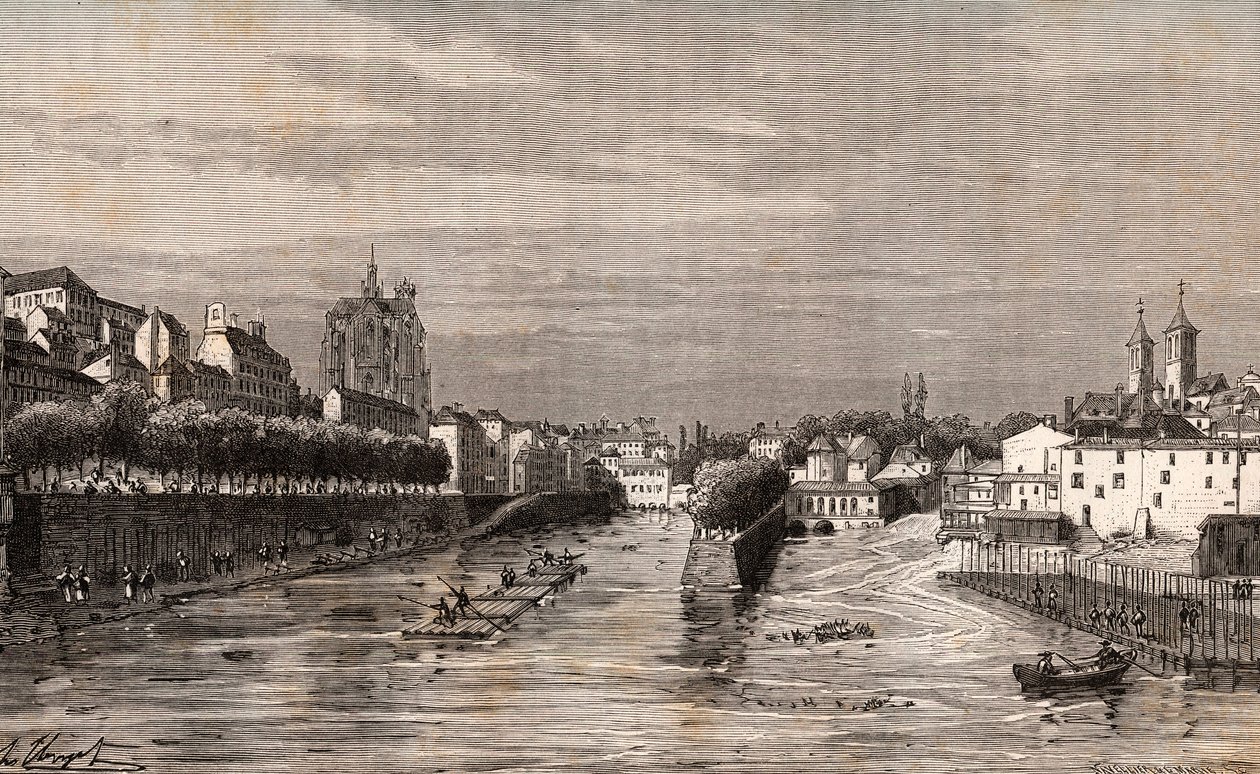 Metz - utsikt over havnen Saint-Georges - Mosel - gravering i "La France illustrée: geografi, historie, statistisk administrasjon" av V.A. Malt-Brown. 1884 av French School