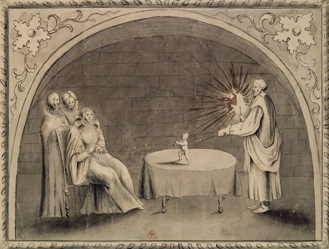 Michel de Nostradame (1503-66) og Catherine de Medici (1519-89) 1559 (penn og blekk og vask på papir) av French School