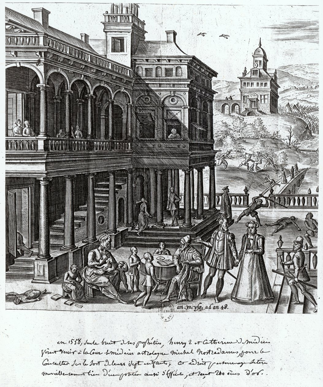 Michel de Nostradame (1503-66) blir konsultert om skjebnen til de syv barna til Catherine de Medici (1519-89) og Henri II (1519-59) 1548 av French School