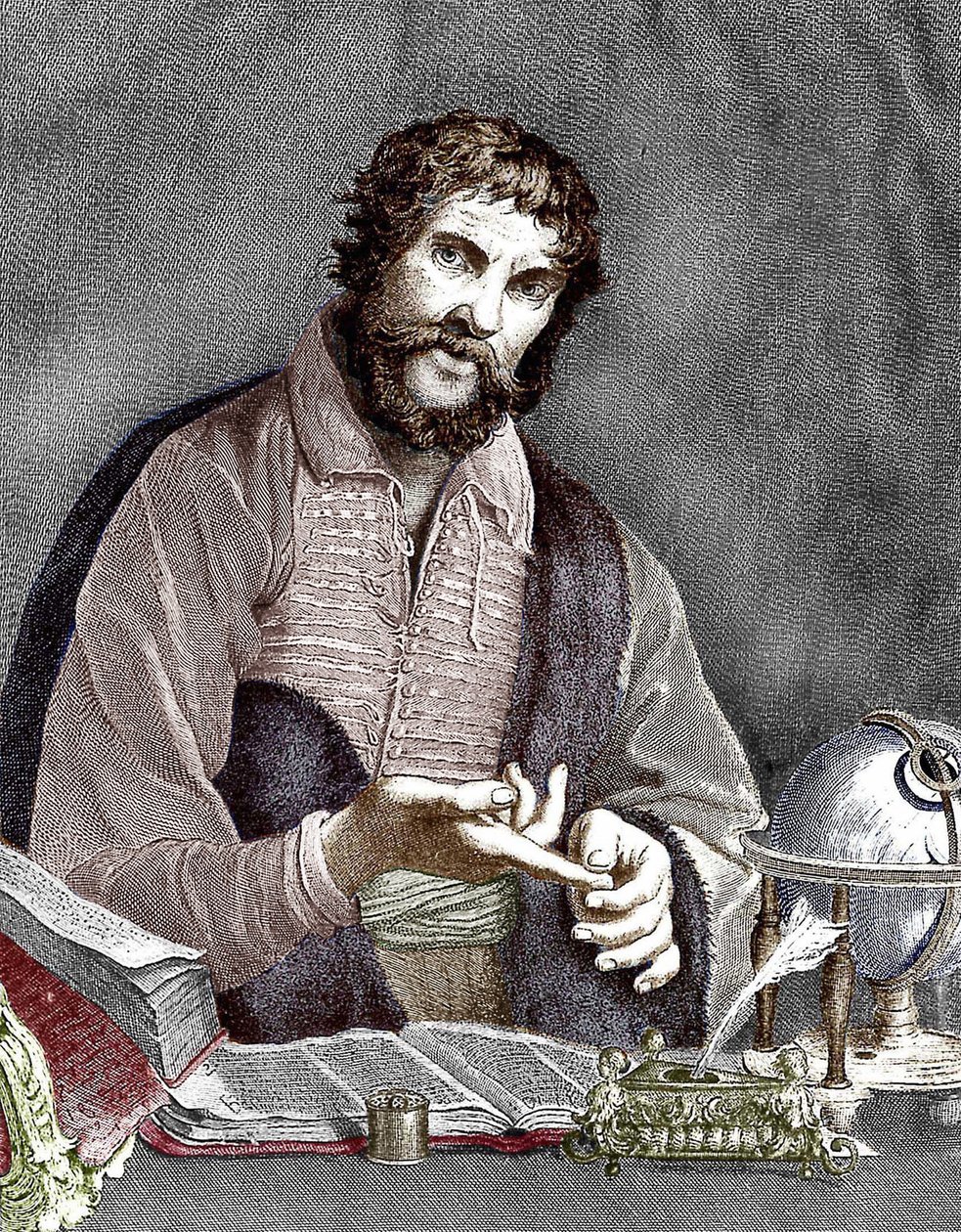 Michel de Nostredame, aka Nostradamus (1503-1566) fransk astrolog og lege, gravering, fargelagt dokument av French School