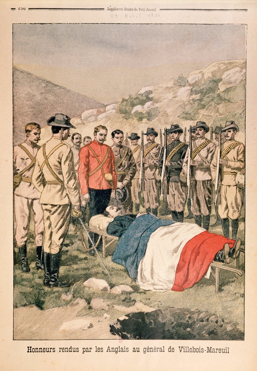 Militær utmerkelse ble utdelt til general Georges de Villebois-Mareuil (1847-1900) av britene på kirkegården i Boshof, illustrasjon fra Le Petit Journal, 29. april 1900 av French School