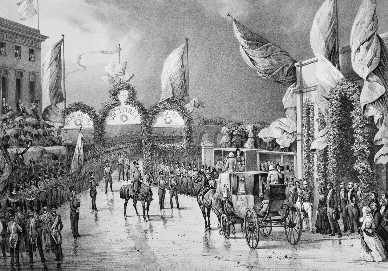 Militær utmerkelse til King a Gosport - Louis Philippe 1st (1773-1850), kongen av franskmennene, Prince Albert (1819-1861) og Victoria (1819-1901), dronning av England på Gosport Station under den offisielle reisen til Louis-Philippe til Storbritannia (184 av French School