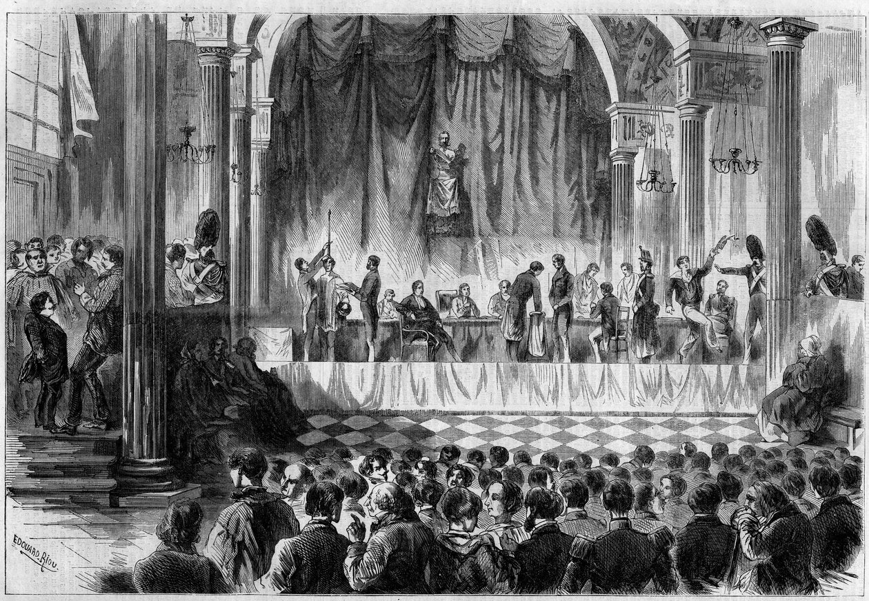 Military recruitment: draw of lots for conscripts of 1858, in the Saint Jean room of the Hotel de Ville in Paris. Engraving in “” Le Monde Illustré”” n°44 of 13 February 1858. av French School