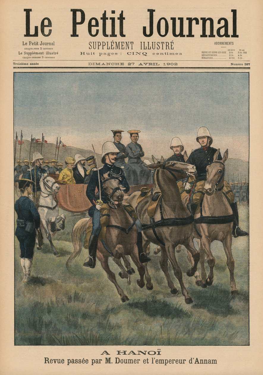 Militær anmeldelse av Paul Doumer, generalguvernør i Fransk Indokina, og keiser av Annam, Thanh Thai, i Hanoi, forsideillustrasjon fra Le Petit Journal, Supplement Illustre, 27. april 1902 ( av French School