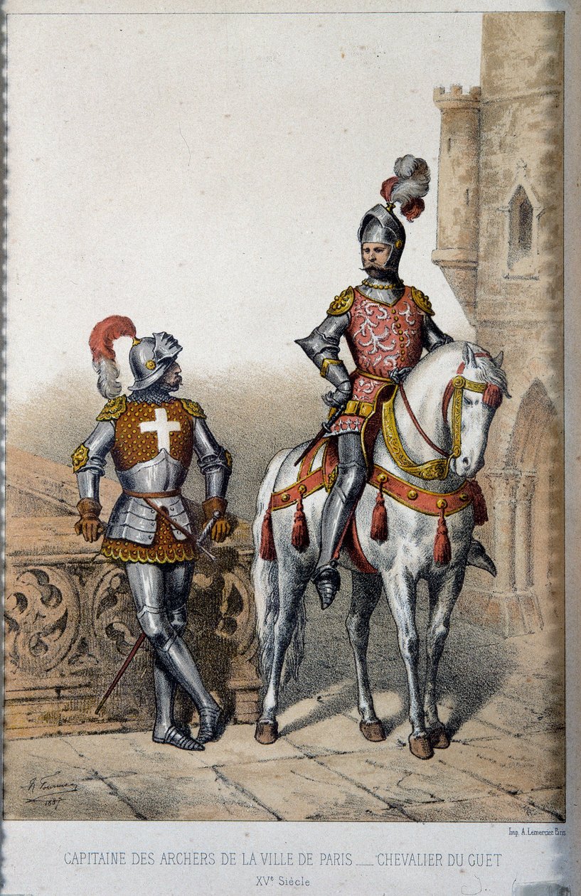 Militæruniform: kaptein for bueskytterne i byen Paris og ridder av vekteren på 1400-tallet. Litografi fra 1800-tallet av French School