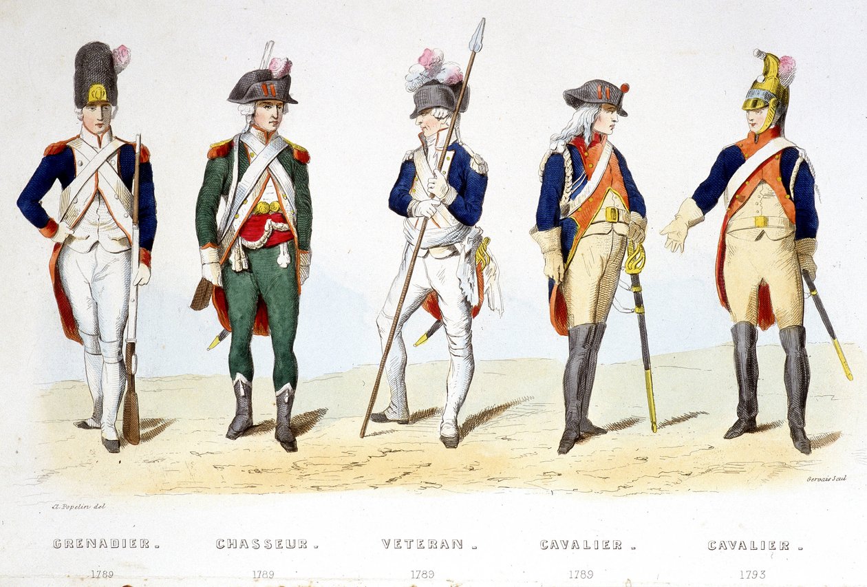 Militæruniform under revolusjonen 1789: grenader (1789), jeger (1789), veteran (1789), rytter (1789), rytter (1793) - i "Fasttes de Gardes nationales de France" av French School
