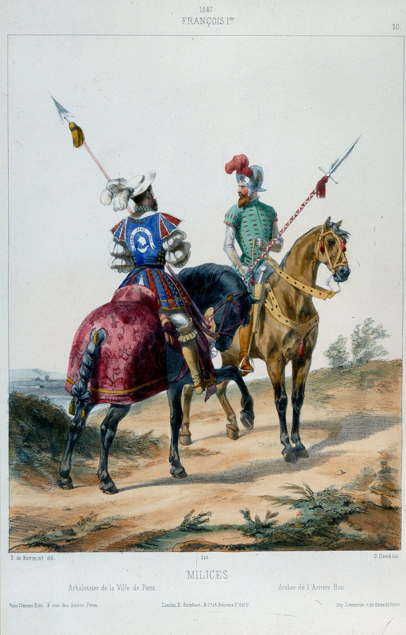 Militære uniformer: militser under Francois I, armbrøst av byen Paris og bueskytter av bakforbudet i 1547. Litografi fra 1800-tallet. av French School