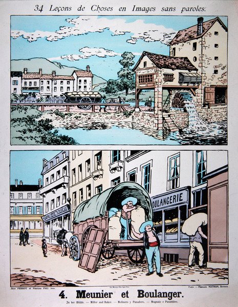Miller og Baker, illustrasjon fra en barneskolelærebok, ca. 1900 (farge litho) av French School