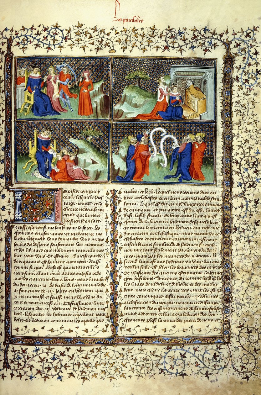 Miniatyr som illustrerer mødrenes dom, ankomsten til dronningen av Saba, Salomos undervisning og doktorenes disputasjon, ca. 1410 av French School