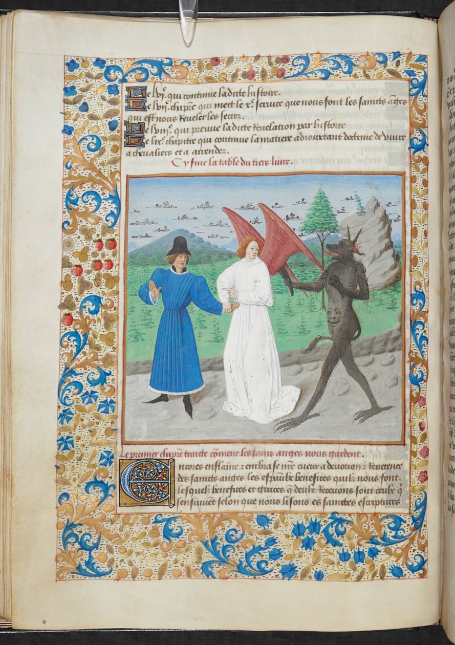 Miniatyr av en mann med en skytsengel og en djevel Sloane MS 3049 f. 27, ca. 1480 (vellum) av French School