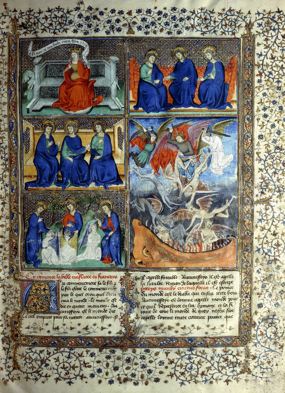 Miniatyr som representerer himmelriket før skapelsen: Sapientia, treenigheten og utdrivelsen av Lucifer fra himmelen, ca. 1410 av French School