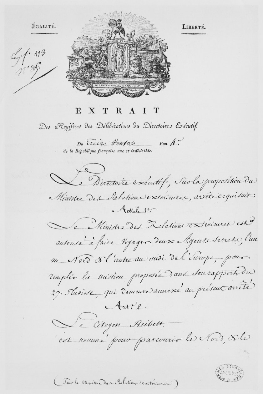 Utenriksdepartementet, nominasjon av to hemmelige agenter, 1796 (blekk på papir) av French School