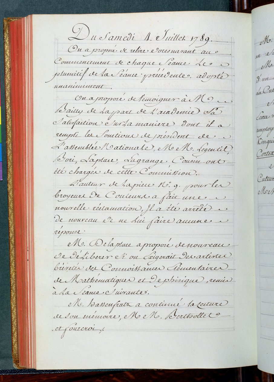Referat fra et møte i Vitenskapsakademiet, 4. juli 1789 (blekk på papir) av French School