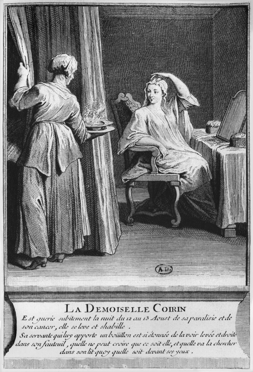Mirakuløs helbredelse av lammelsen og kreften til Demoiselle Coirin, på graven til diakon Francois de Paris på sognekirkegården Saint-Medard i Paris, illustrasjon fra La verite des miracles de M av French School