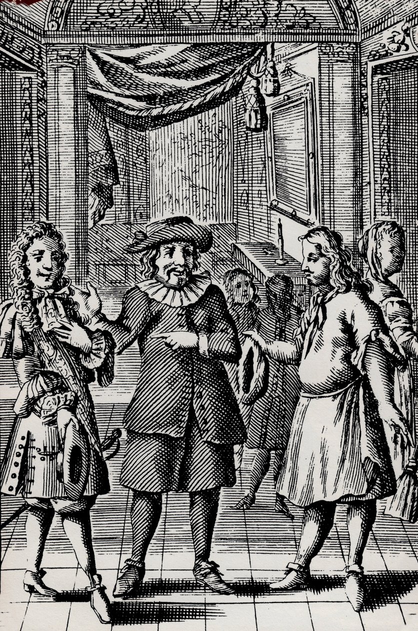 Gjerrig, gravering fra Molieres verk, pseudonym til Jean-Baptiste Poquelin (1622-1673) - Scene de la piece av Moliere L