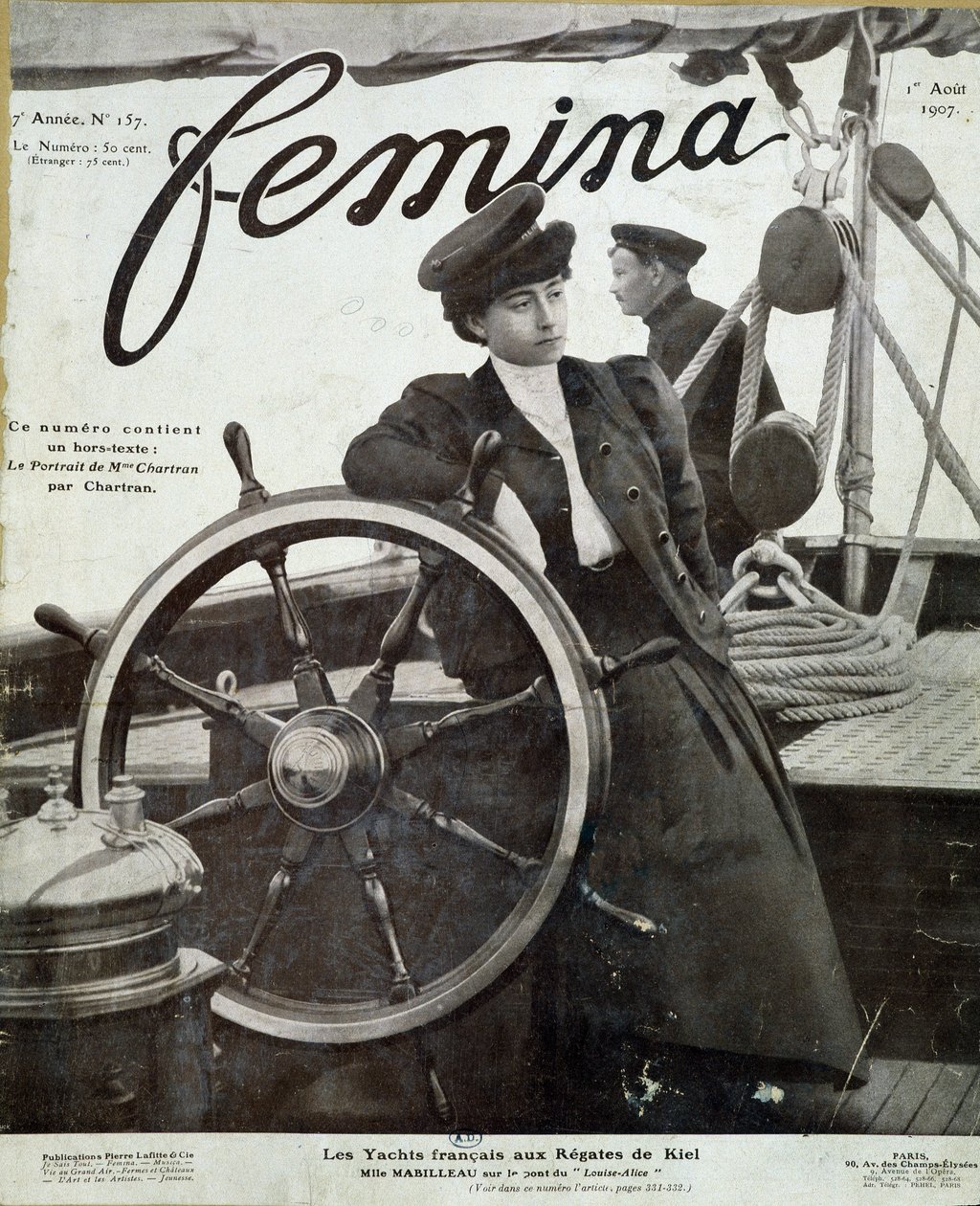 Frøken Mabilleau på broen til yachten "" Louise-Alice""" ved Kiel-regattaen - i "" Femina"" av 01.08.1907 av French School