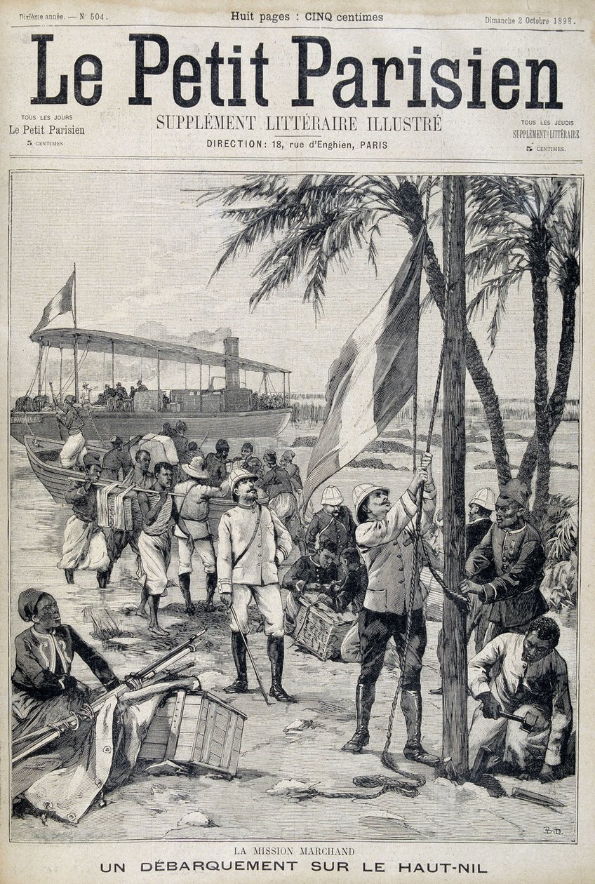 Mission Marchand: landing på den øvre Nilen - i "Le Petit Parisien"" fra 02/10/1898 (gravering) av French School