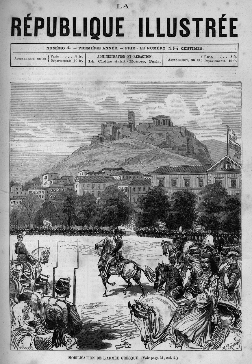 Mobilization of the Greek army in the streets of Athenes. You can see the Acropolis and the Parthenon. A newspaper. Engraving from 1880 in “La republique illustree”” private collection. av French School