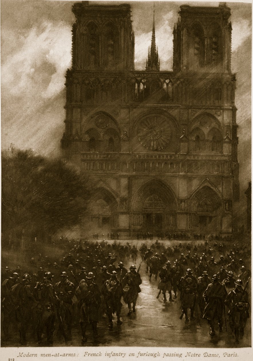 Moderne stridsmenn: Fransk infanteri på permisjon forbi Notre Dame, Paris, 1914-19 av French School