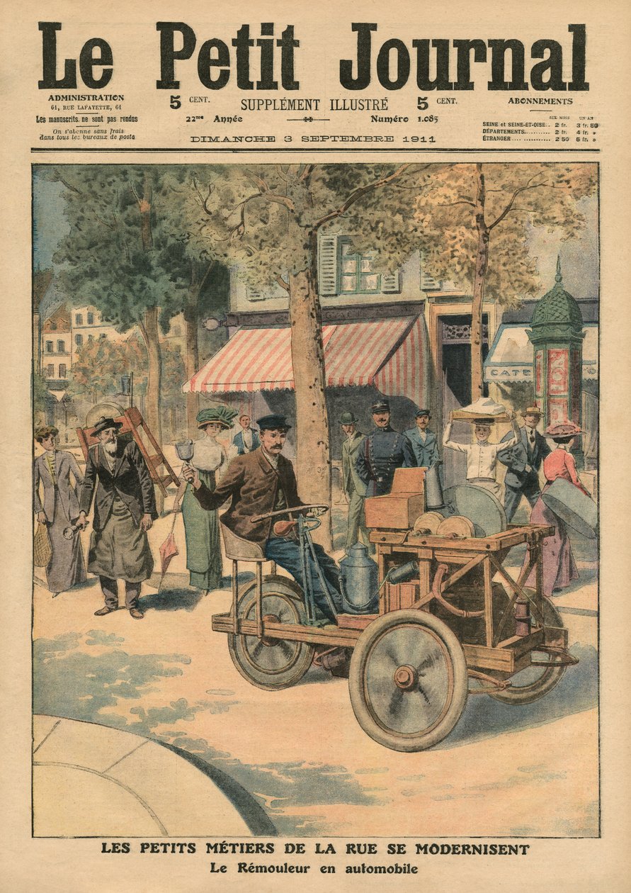 Modernisering av gatejobbene, knivsliperen i bilen hans, illustrasjon fra 