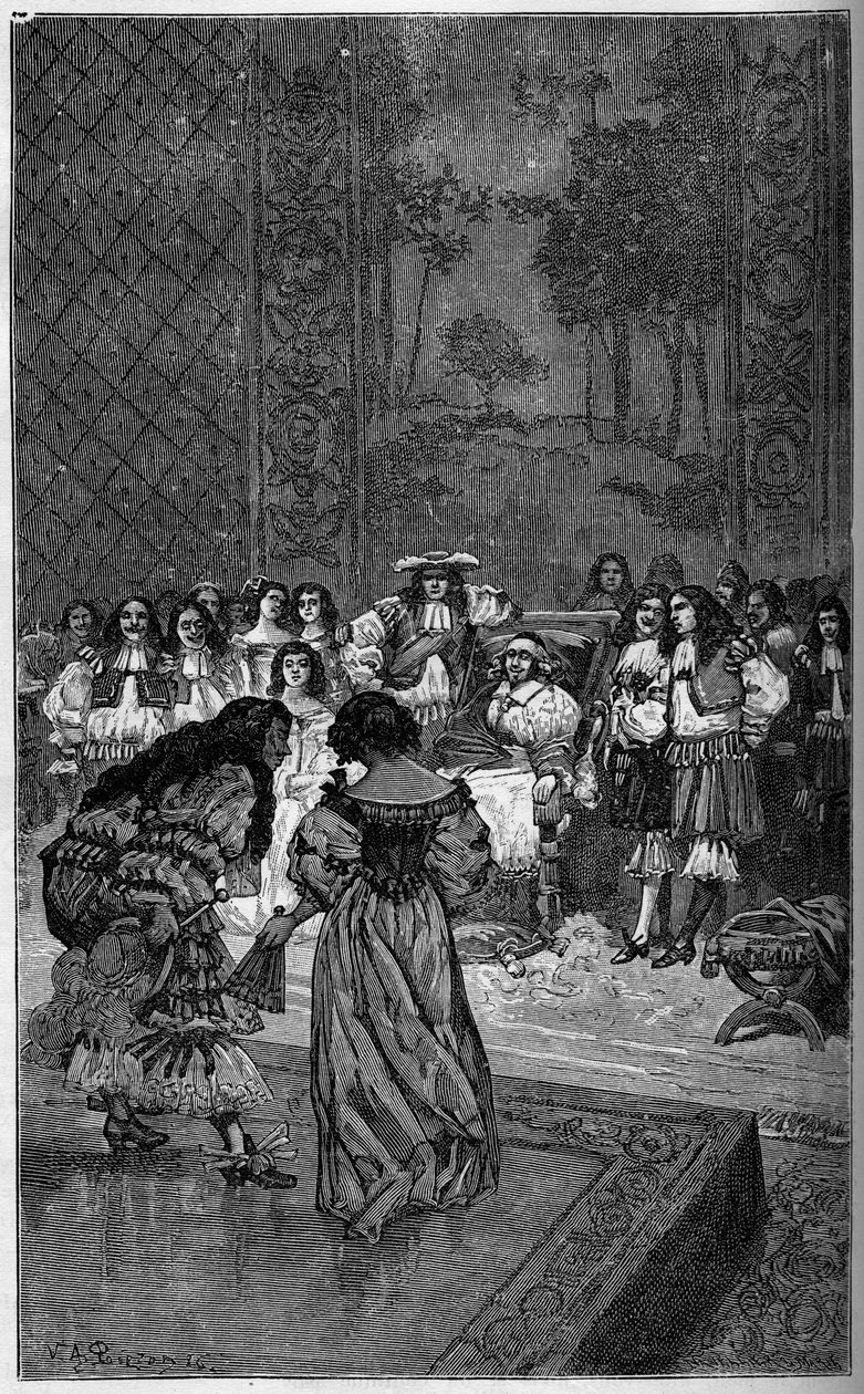Moliere og troppen hans spiller før kong Louis XIV og kardinal Jules Mazarin (Giulio Raimondo Mazzarino eller Mazarino) (1602-1661). Gravering i "The Illustrous World"" 1886. av French School