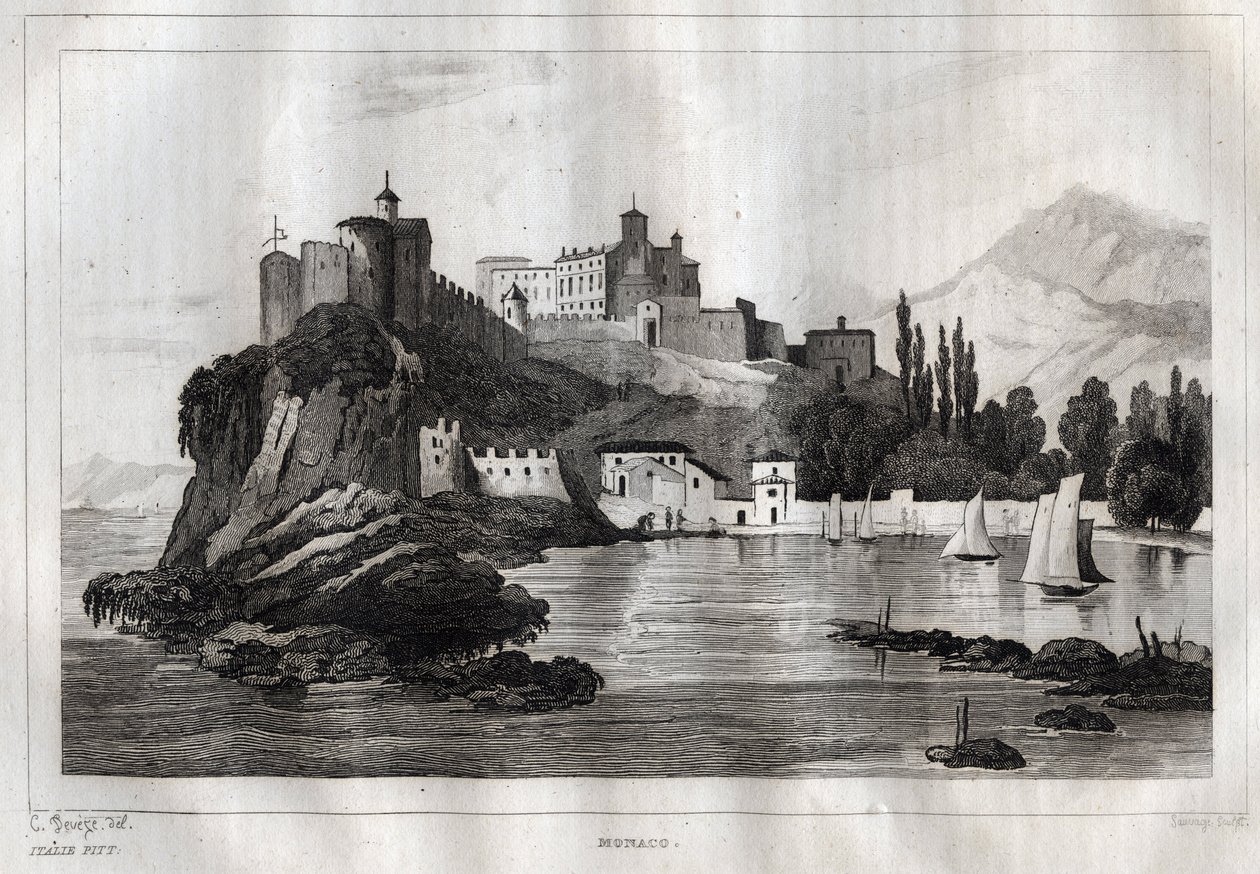 Monaco - Gravering fra "" Italy Picturesque"" - Historisk og beskrivende maleri av Italia" av M. de Norvins, Ch. Nodier 1834-1836. av French School