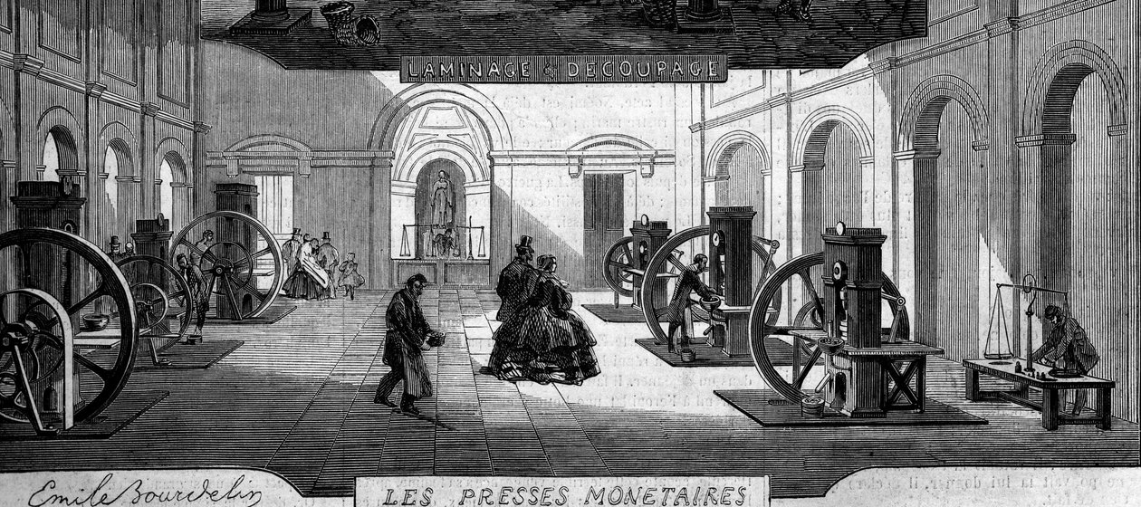 Å tjene penger: handle for pengepresser. Gravering i "" Le Monde Illustré"" nr. 145 av 21. januar 1860. av French School