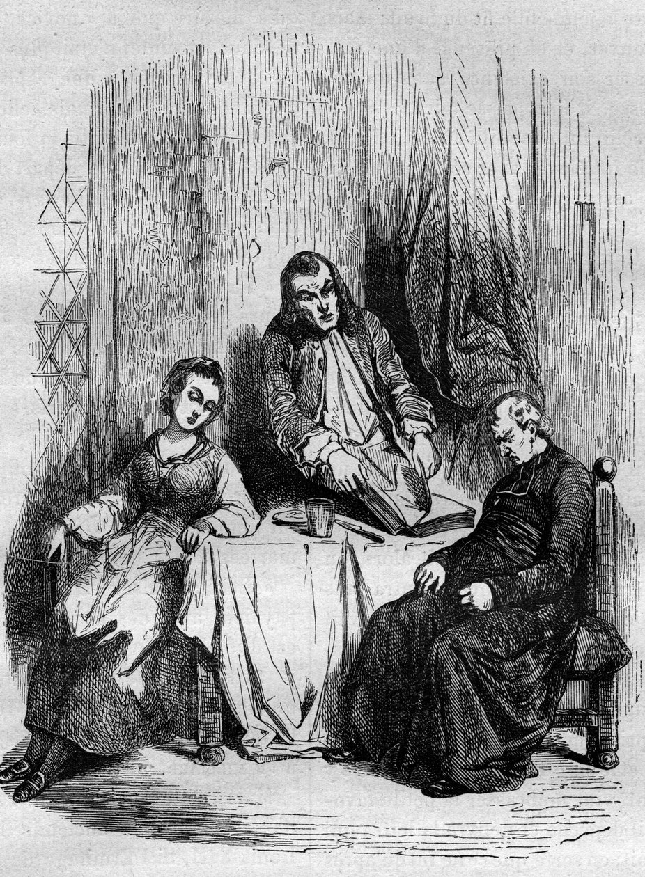 Monsieur De Breteuil, intendant i Limousin, kontrollerer menighetsregistrene som føres av Dubois, sogneprest og fremtidig kardinal. Gravering fra "The History of Prostitution and Debauche in All Peoples of the World from Antiquity to Today" av Dr. Th. -F.  av French School