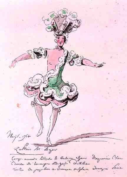 Monsieur Leger som Zephyr, i Nais, en libretto av Cahusac, komponert av Jean-Philippe Rameau (1683-1764) 1764 (fargegravering) av French School
