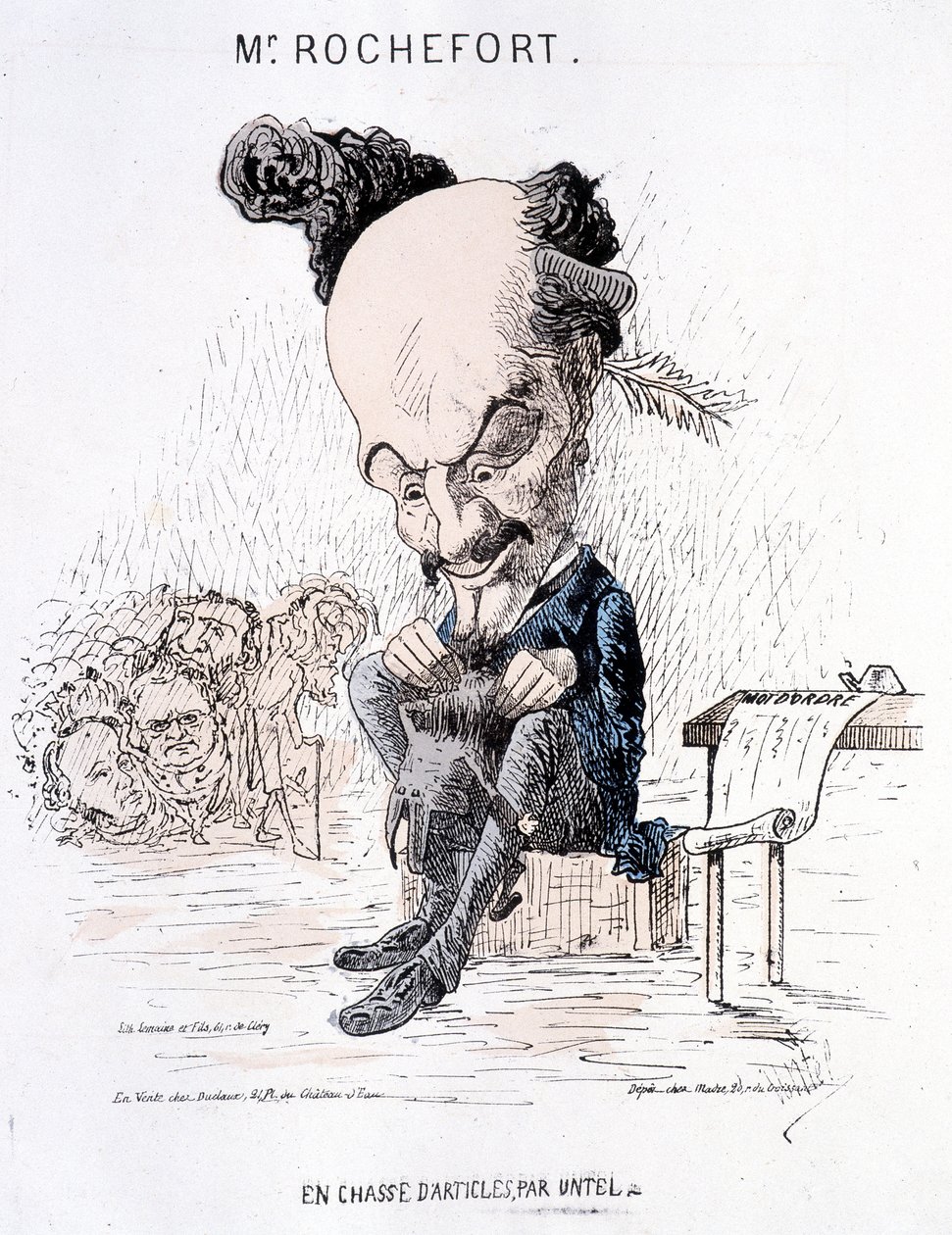 Monsieur Rochefort på jakt etter artikler av Untel. Karikatur om Rochefort og kommunen. av French School