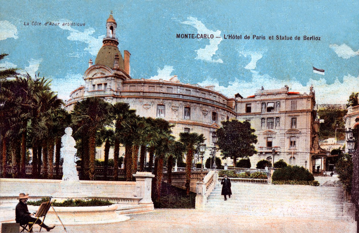 Monte-Carlo, Hotel de Paris og statuen av Berlioz - fargelagt postkort fra begynnelsen av det tjuende århundre av French School