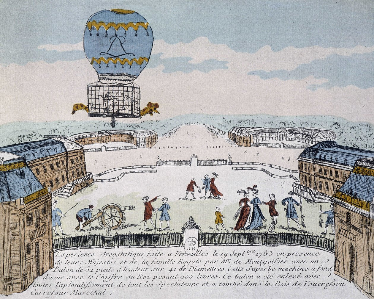 Montgolfiers første fly med dyrebebodd aerostat organisert i Versailles, 19. september av French School